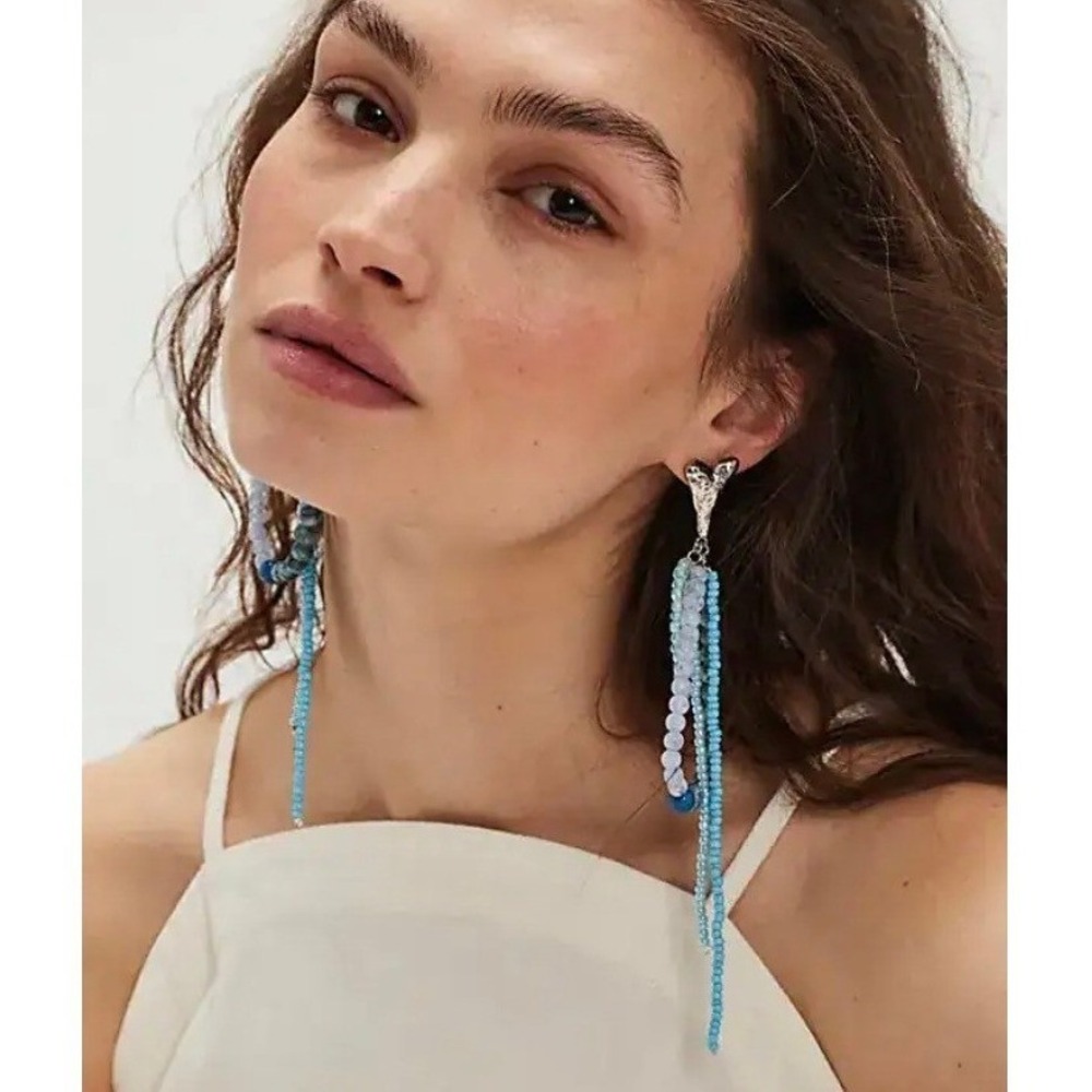 Free People‎ Reese Dangle Earrings Beaded Hoops and Tassels Blue